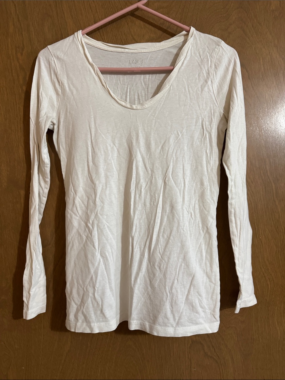 LOFT Cream Long Sleeve Scoop Neck Tee